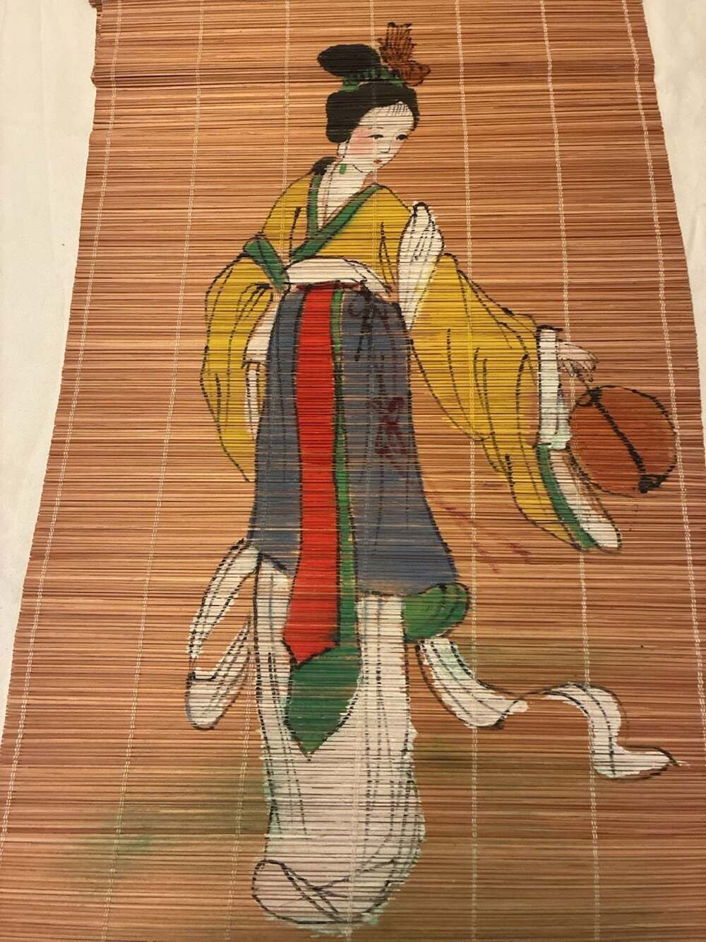 VTG Hand Painted Asian Geisha Bamboo Wall Scroll 12x36